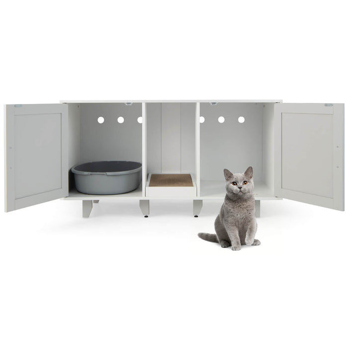 2-Door Cat Litter Box Enclosure with Winding Entry and Scratching Board-Gray