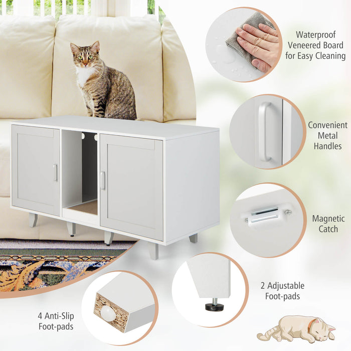 2-Door Cat Litter Box Enclosure with Winding Entry and Scratching Board-Gray