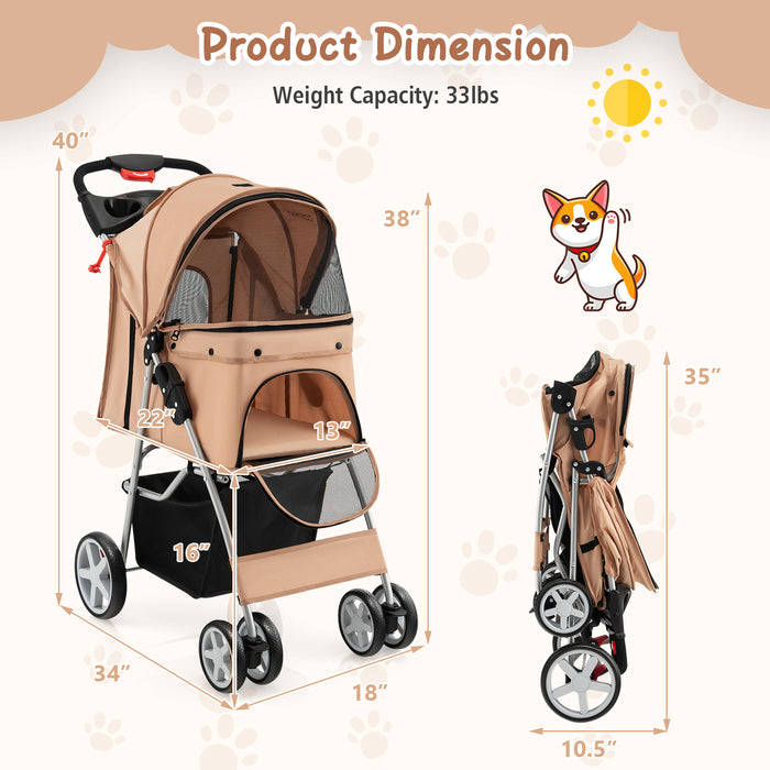 Foldable 4-Wheel Pet Stroller with Storage Basket-Beige