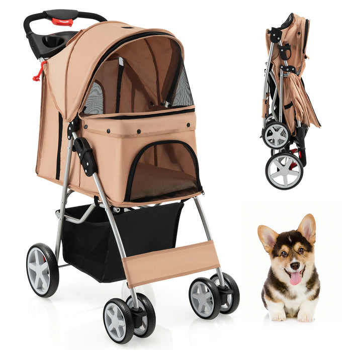 Foldable 4-Wheel Pet Stroller with Storage Basket-Beige