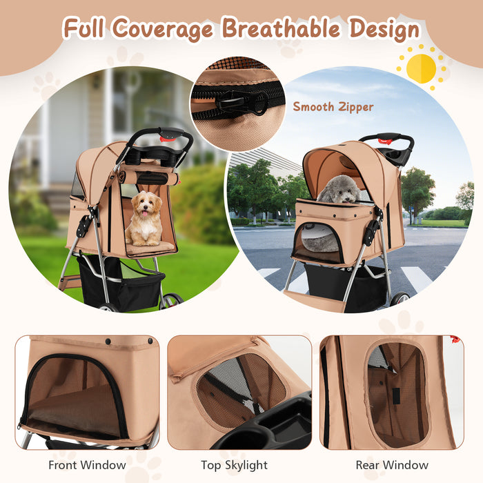 Foldable 4-Wheel Pet Stroller with Storage Basket-Beige