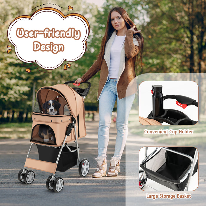 Foldable 4-Wheel Pet Stroller with Storage Basket-Beige