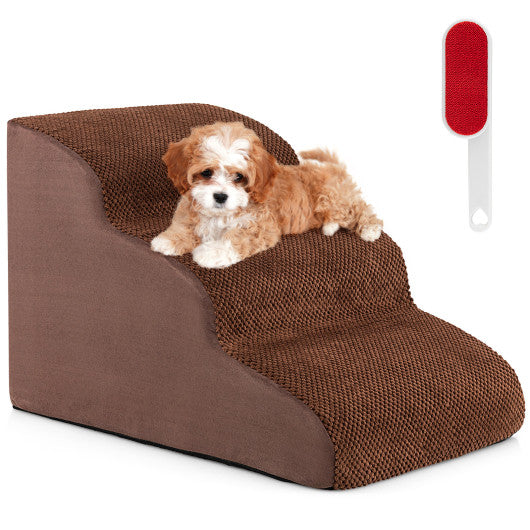 3-Tier Non-Slip Dog Steps with High-Density Sponge and Silicone Paw Prints-Brown