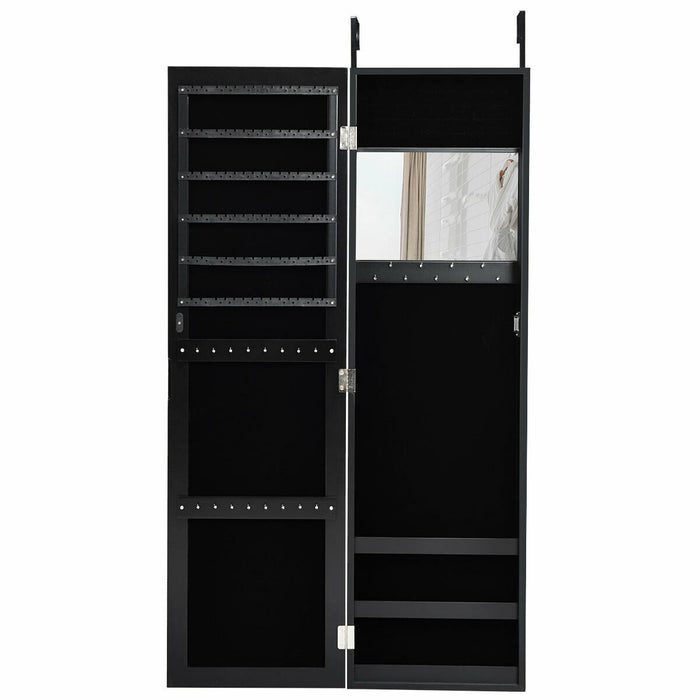 Full Length Mirror Jewelry Cabinet with Ring Slots and Necklace Hooks-Black