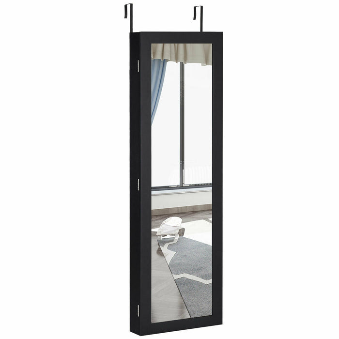 Full Length Mirror Jewelry Cabinet with Ring Slots and Necklace Hooks-Black