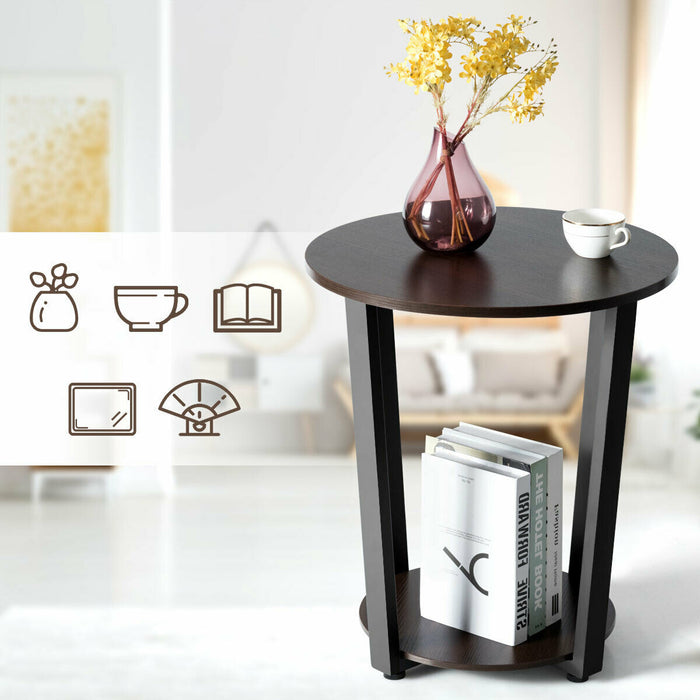 2-tier Round End Table with Storage Shelf & Metal Frame-Walnut