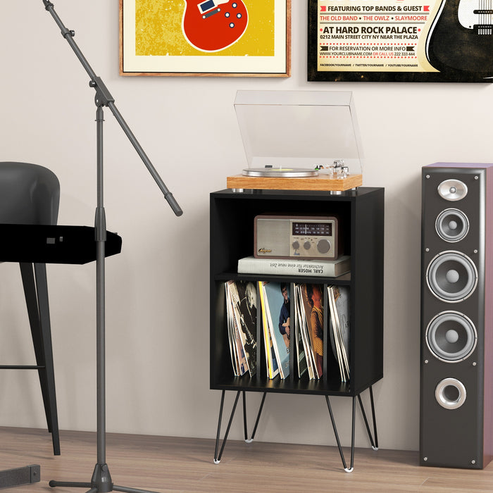 Record Player Stand with Charging Station for Living Room Bedroom-Black