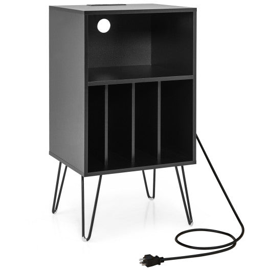 Record Player Stand with Charging Station for Living Room Bedroom-Black