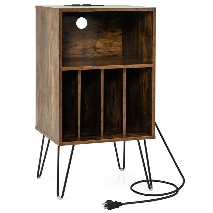 Record Player Stand with Charging Station for Living Room Bedroom-Rustic Brown