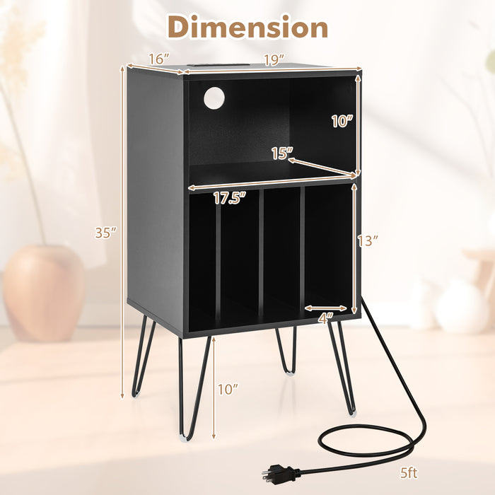 Record Player Stand with Charging Station for Living Room Bedroom-Black