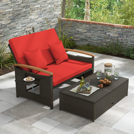 Outdoor Wicker Daybed with Folding Panels and Storage Ottoman-Red