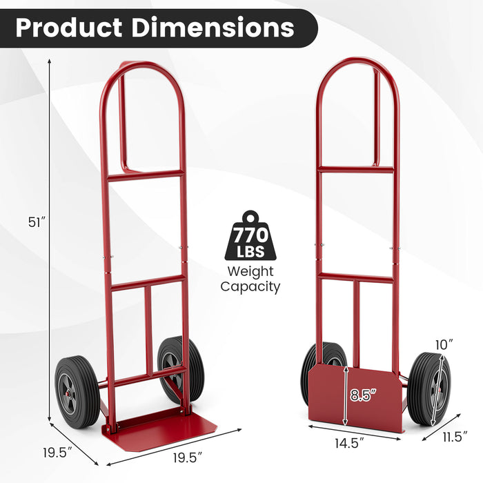 P-Handle Sack Truck with 10 Inch Wheels and Foldable Load Area-Red