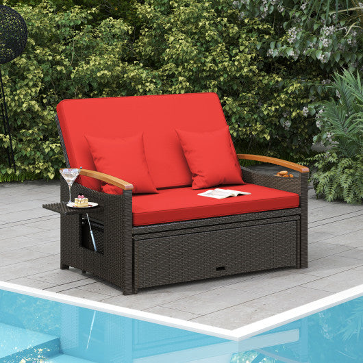 Outdoor Wicker Daybed with Folding Panels and Storage Ottoman-Red