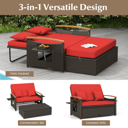 Outdoor Wicker Daybed with Folding Panels and Storage Ottoman-Red