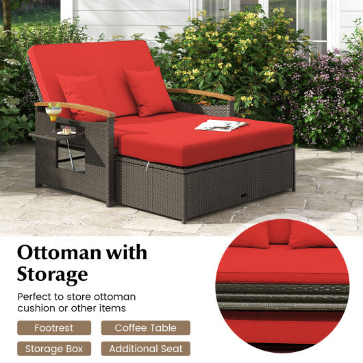 Outdoor Wicker Daybed with Folding Panels and Storage Ottoman-Red