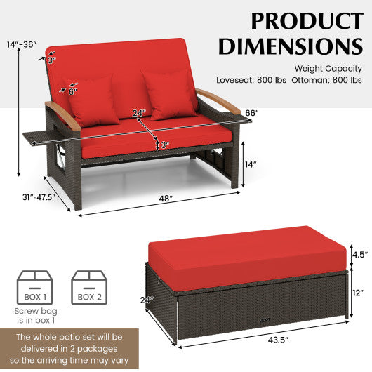 Outdoor Wicker Daybed with Folding Panels and Storage Ottoman-Red