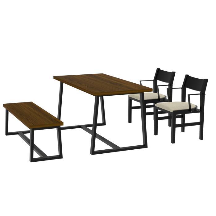 4-Person Dining Table Set with Chairs and Bench-Regular Design-Dark Wood-Beige