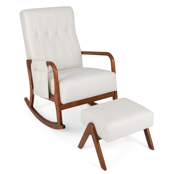 Rocking Chair with Ottoman and Solid Rubber Wood Frame and Padded Cushion-Beige