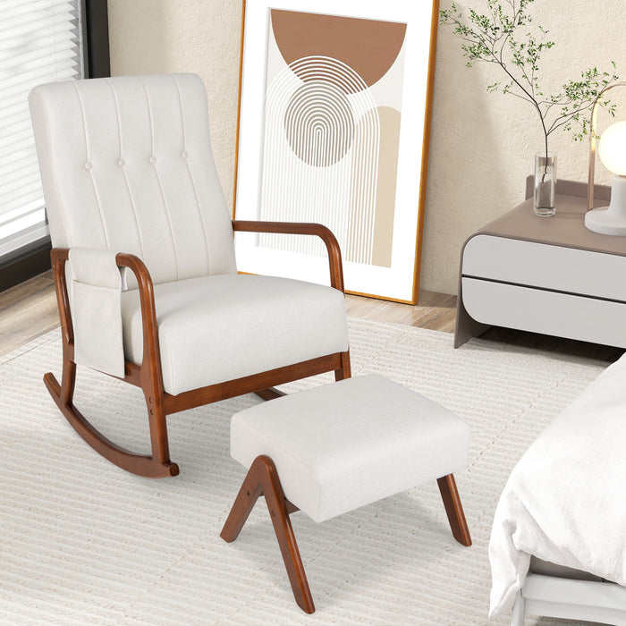 Rocking Chair with Ottoman and Solid Rubber Wood Frame and Padded Cushion-Beige