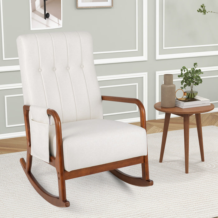 Rocking Chair with Ottoman and Solid Rubber Wood Frame and Padded Cushion-Beige