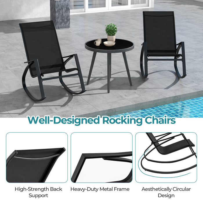 2 Pieces Patio Rocking Chairs Outdoor Sling Fabric Rockers with Ergonomic Backrest and Seat-Black