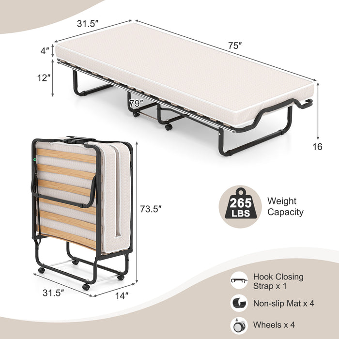 Rollaway Folding Bed with Memory Foam Mattress Made in Italy