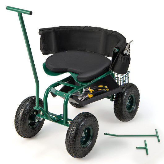 Rolling Garden Cart with Height Adjustable Swivel Seat and Storage Basket-Green