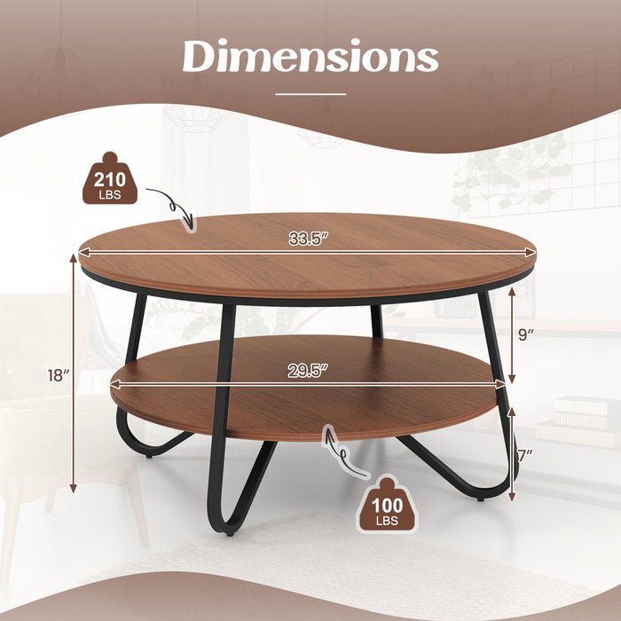 33.5 Inch Round Coffee Table with Wood Grain Finish and Heavy-duty Metal Frame-Walnut