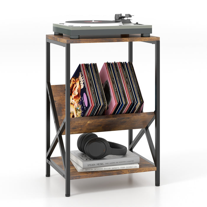 3-Tier Industrial Side Table with V-shaped Bookshelf for Living Room-Rustic Brown