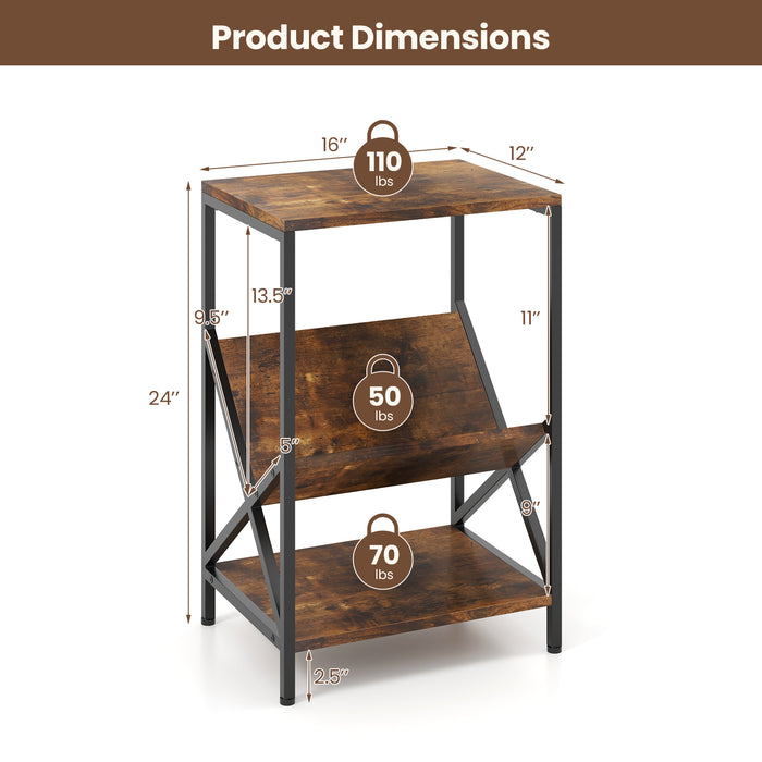 3-Tier Industrial Side Table with V-shaped Bookshelf for Living Room-Rustic Brown