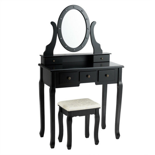 5 Drawers Vanity Table Stool Set with 12-LED Bulbs-Black