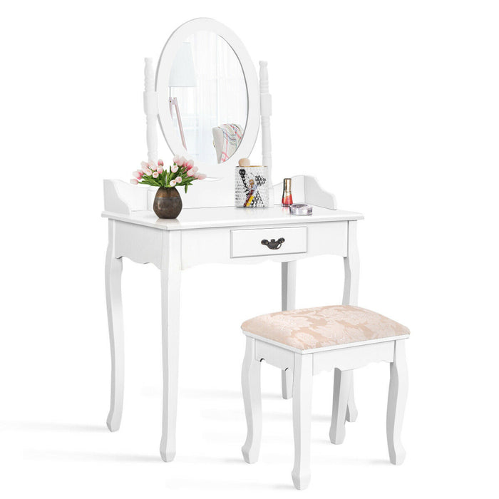 Wooden Vanity Makeup Set with Cushioned Stool and Oval Rotating Mirror