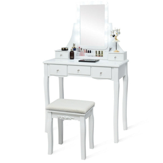 10 Dimmable Light Bulbs Vanity Dressing Table with 2 Dividers and Cushioned Stool-White