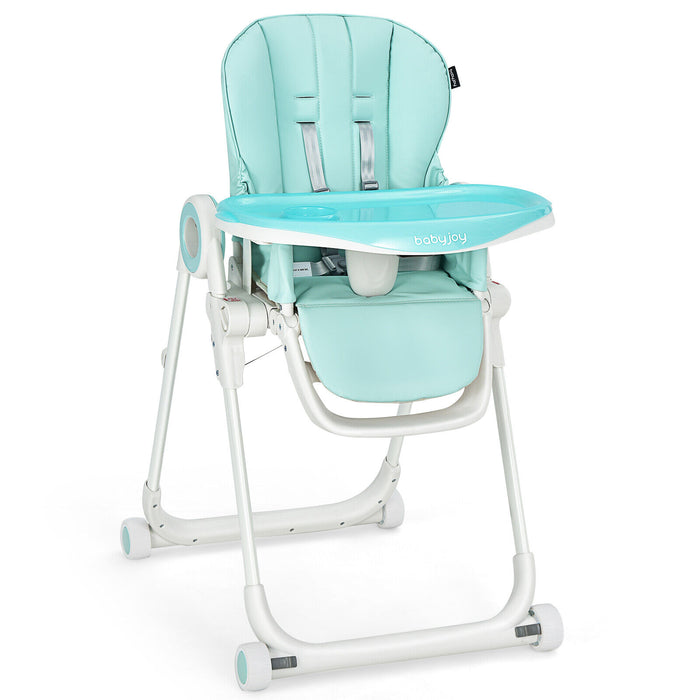 Baby High Chair Foldable Feeding Chair with 4 Lockable Wheels-Green