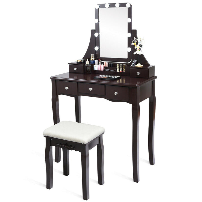 10 Dimmable Light Bulbs Vanity Dressing Table with 2 Dividers and Cushioned Stool-Coffee