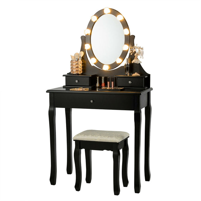 3 Drawers Lighted Mirror Vanity Dressing Table Stool Set-Black