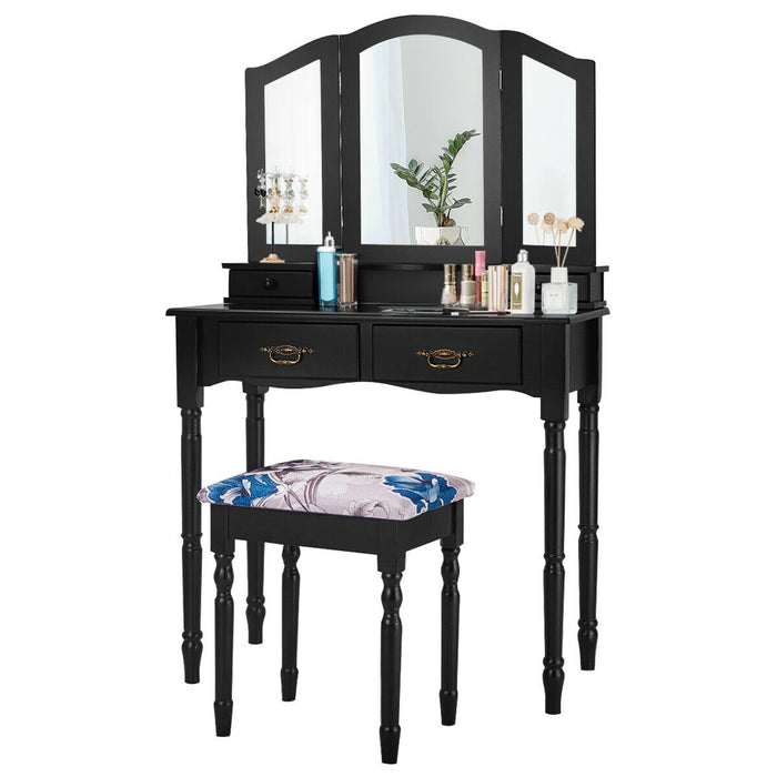 Simple Vanity Set with Tri-Folding Mirror Drawers and Storage Shelf-Black