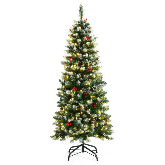 Pre-lit Artificial Pencil Christmas Tree with Pine Cones and Red Berries-5 ft