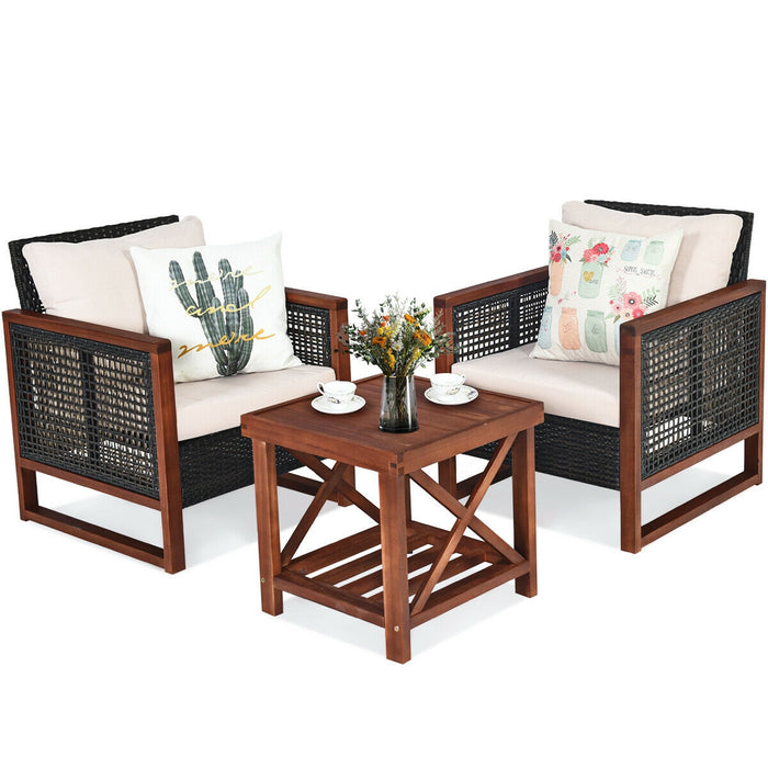 3 Pieces Patio Wicker Furniture Set with Washable Cushion and Acacia Wood Coffee Table-Beige