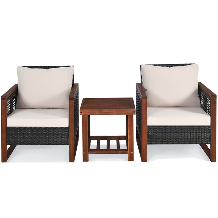 3 Pieces Patio Wicker Furniture Set with Washable Cushion and Acacia Wood Coffee Table-Beige