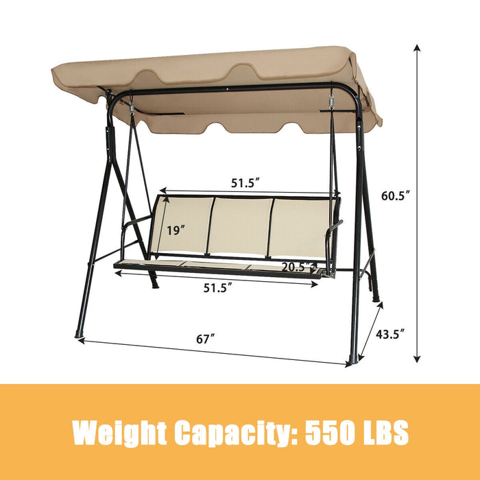 3 Person Steel Frame Patio Swing with Polyester Angle and Adjustable Canopy-Brown