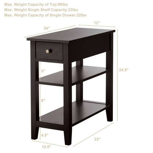 3-Tier End Table with Drawer slideway and Double Shelves-Brown