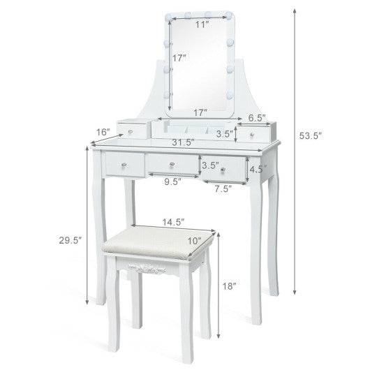 10 Dimmable Light Bulbs Vanity Dressing Table with 2 Dividers and Cushioned Stool-White