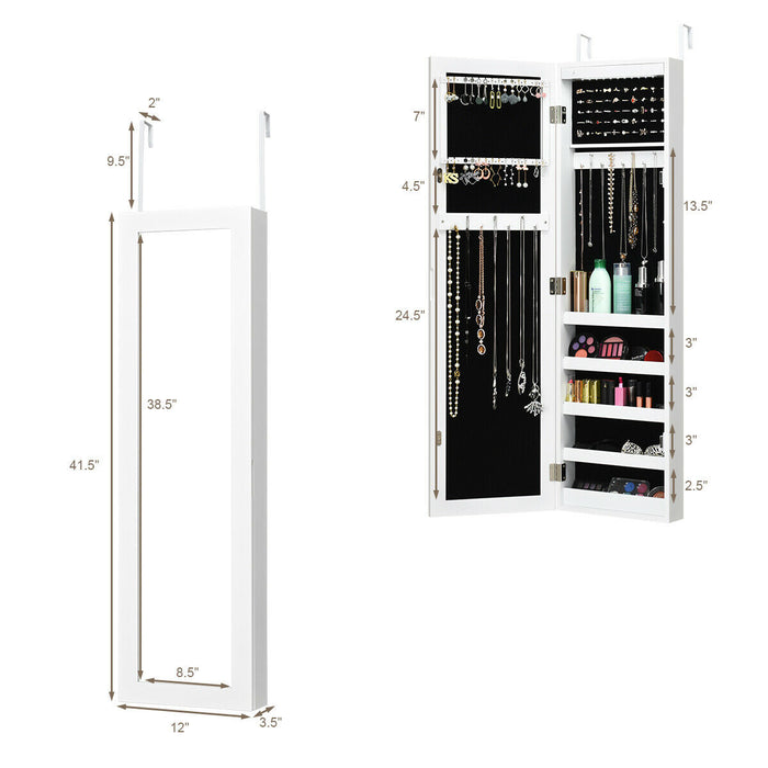 Wall And Door Mirrored Jewelry Cabinet With LED Light