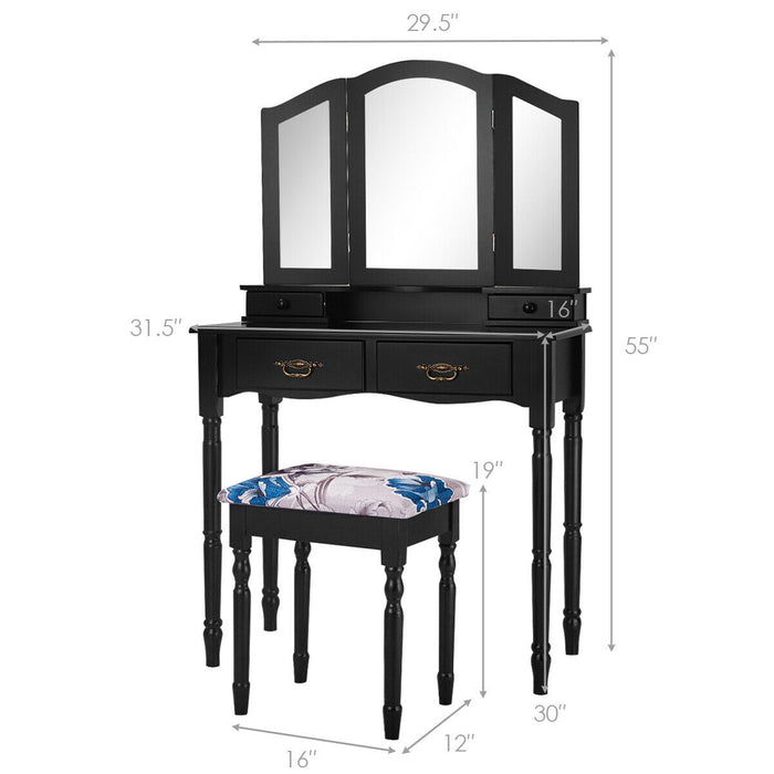 Simple Vanity Set with Tri-Folding Mirror Drawers and Storage Shelf-Black