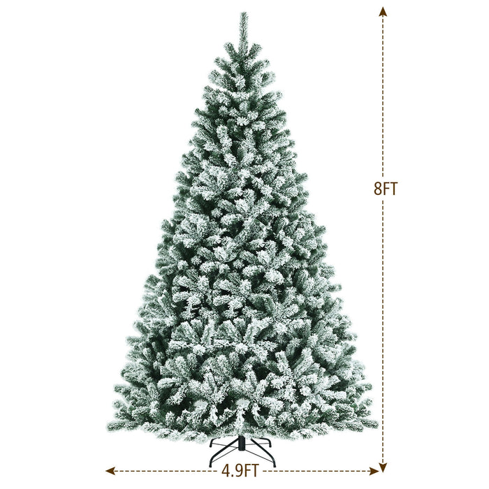 8 Feet Pre-lit Snow Flocked Christmas Tree with Tips and Metal Stand-8 ft