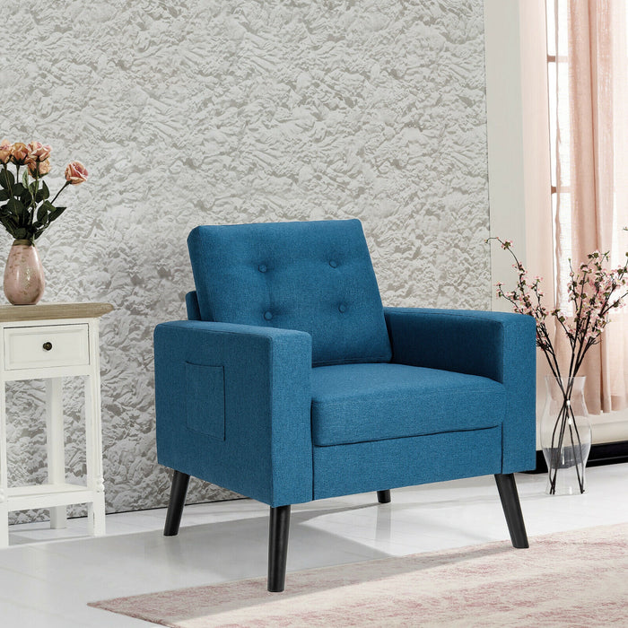 Mid-Century Upholstered Armchair Club Chair with Rubber Wood Legs-Blue