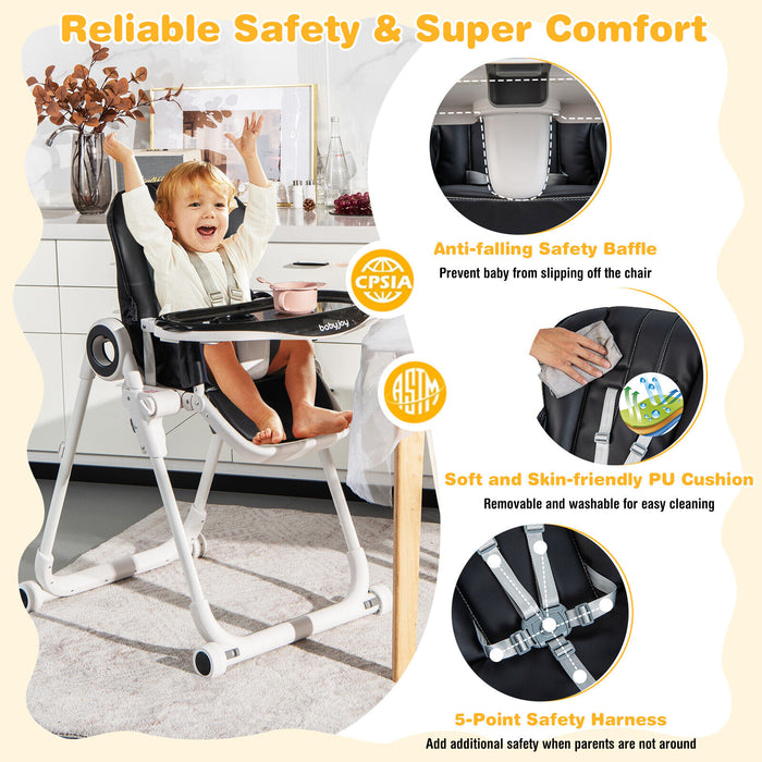 Baby High Chair Foldable Feeding Chair with 4 Lockable Wheels-Black