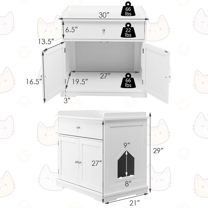 Wooden Cat Litter Box Enclosure with Drawer Side Table Furniture-White