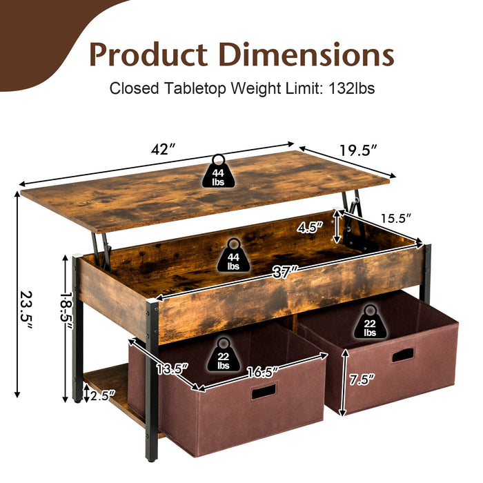 Lift Top Coffee Table Central Table with Drawers and Hidden Compartment for Living Room-Rustic Brown